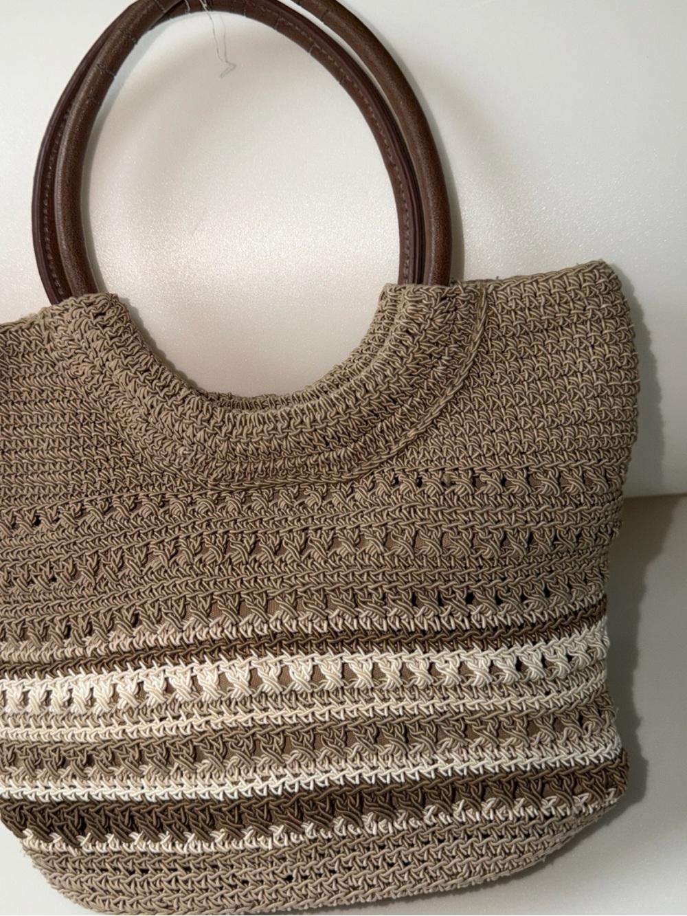 Beige Crochet Tote Bag with Brown Handles